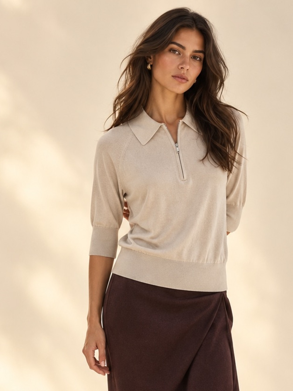 COS Silk Cotton Half Zip Polo Quiet Luxury Fine Knit Top Size XS